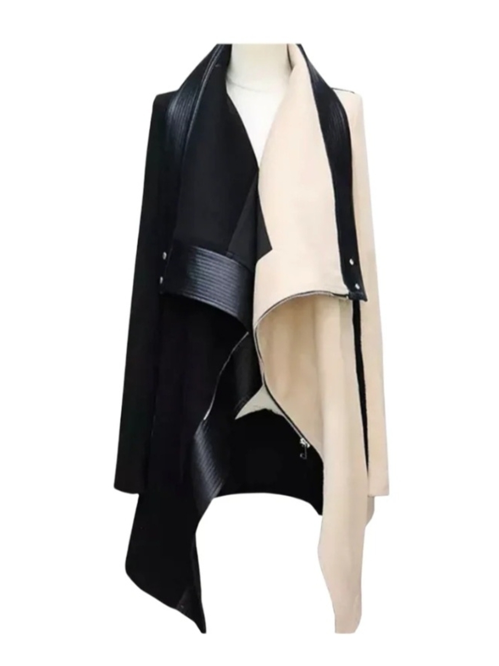 Colorblock Black and Cream Draped Trench Coat